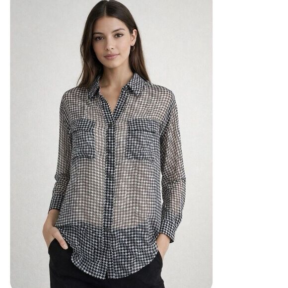 Equipment Tops - Equipment Femme Signature Silk Houndstooth Sheer Chiffon Button Down Shirt Sz M